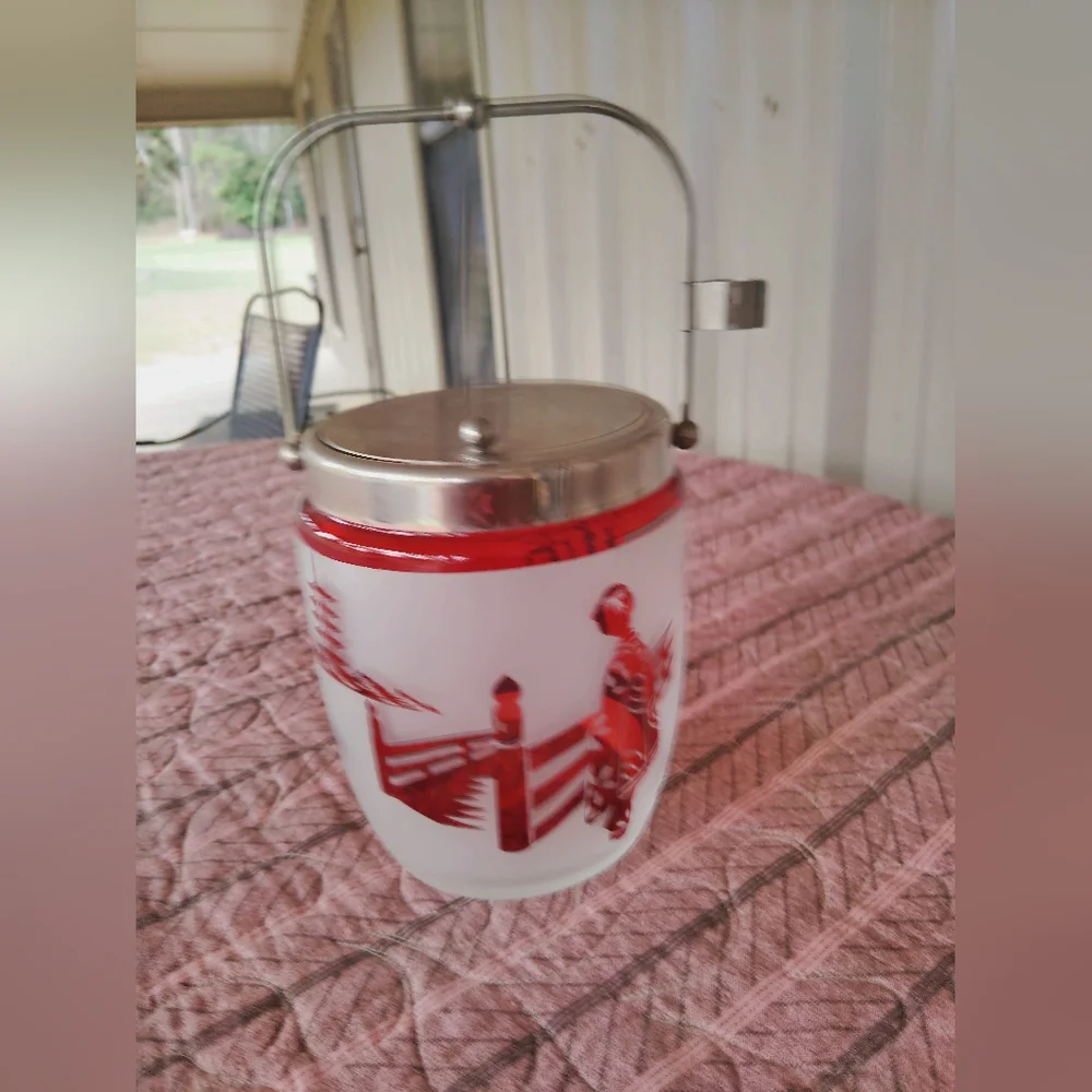 Vintage MCM Noritake Frosted Ruby Red Ice Bucket & Tongs Japan Asian Barware Bar